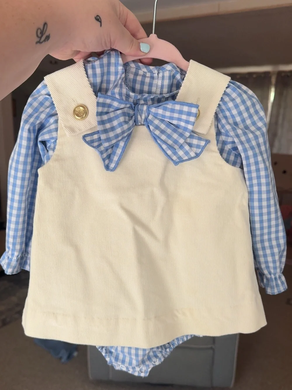 TBBC Corduroy Pinafore with Blue Gingham Bow - Kids Accessories